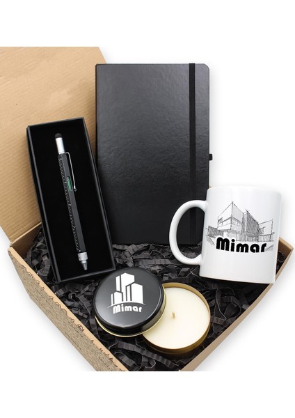 Çok Fonksiyonlu Mimar Kalemi & Mimar Kupa & Mimar Mum & Siyah Defter Hediye Seti