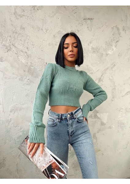 Kadın Mint Yeşili Fitilli Crop Model Kazak