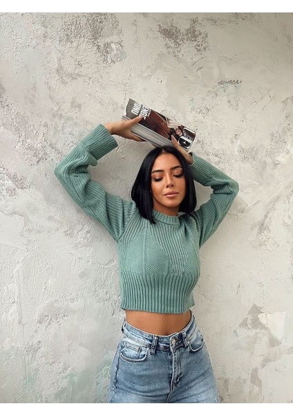 Kadın Mint Yeşili Fitilli Crop Model Kazak fiyatları