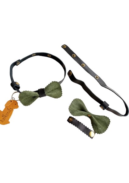 köpek kolyesi hakiki deri papyon metal çıtçıt ayarlı yeşil siyah boyun ölçüsü:25-40cm dog collar PYN-8