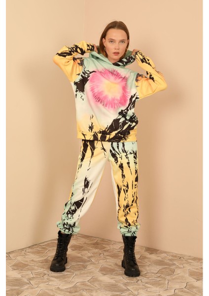 3 Iplik Kumaş Bisiklet Yaka Bol Kalıp Güneş Desen Kadın Takım-Sarı fiyatları