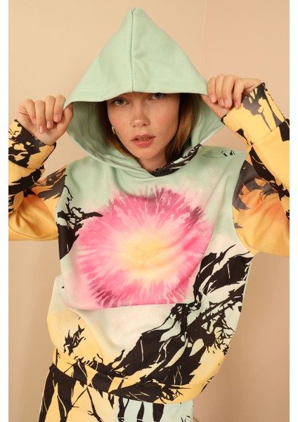 3 Iplik Kumaş Bisiklet Yaka Bol Kalıp Güneş Desen Kadın Takım-Sarı modelleri