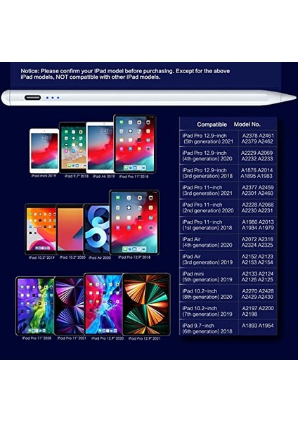 Ipad 12.9 (6.nesil) Avuç Içi Reddetmeli Eğim Hassasiyetli Dokunmatik Yazı Kalemi
