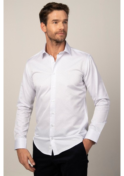 Modern Fit Uzun Kol Baskılı Yaka İçi Biyeli Erkek Gömlek