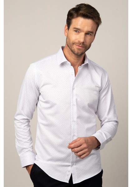 Modern Fit Uzun Kol Baskılı Yaka İçi Biyeli Erkek Gömlek fiyatları