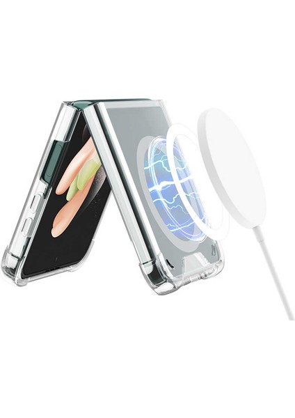 Samsung Galaxy Z Flip 4 Kılıf Wireless Şarj Özellikli Airbagli Kıpta Anti Shock Magsafe Kapak