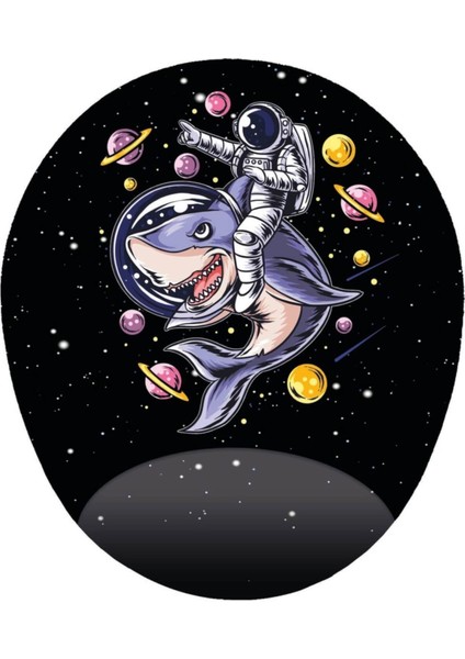 Köpek Balığına Binen Astronot - Oval Bilek Destekli Tasarım Mousepad 20X23 cm