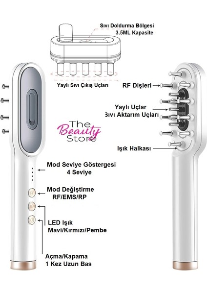 The Beauty Store Elektronik Saç Terapi Güçlendirme Canlandırma Cihazı Rf LED Ems Saç Dolgunlaştırma Onarma Parlatma Bakım Aleti