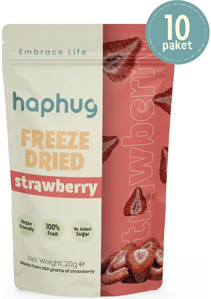 HapHug 10'lu Paket Freeze Dried (Dondurularak Kurutulmuş) Çilek -  Freeze Dry Meyve Kurusu 10x20gr