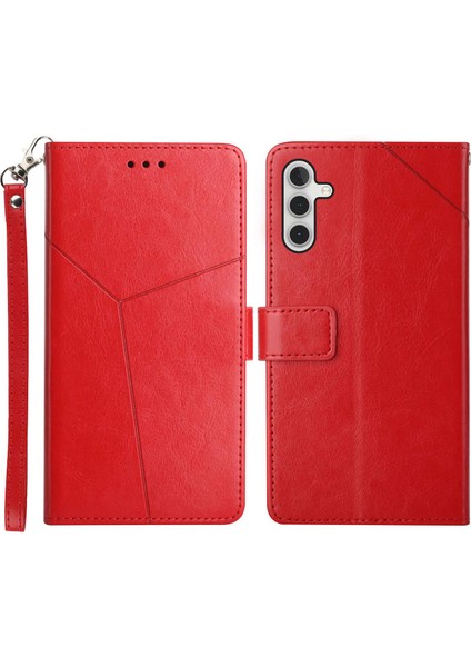 Samsung Galaxy A14 Için 5g HT01 Pu Deri Baskılı Y Şeklinde Çizgiler Anti-Drop Cüzdan Kayış Telefon Kılıfı (Yurt Dışından)