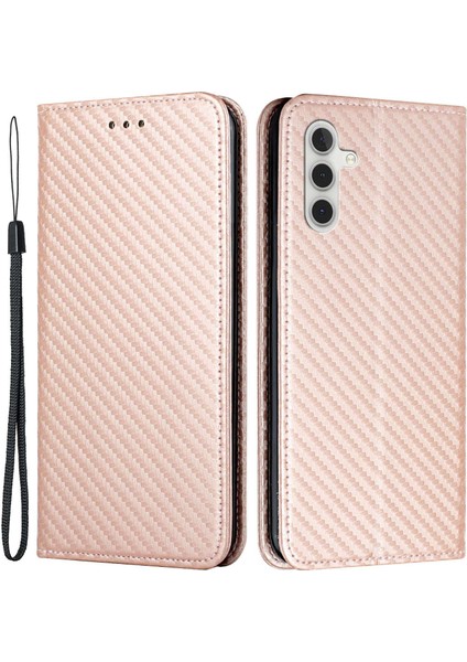 Samsung Galaxy A14 Için 5g Karbon Fiber Doku Pu Pu Deri Deri Cüzdan Ferio Folio I Manyetik Otomatik Kapanış Bilek Kayışı ile Telefon Kılıfı (Yurt Dışından)