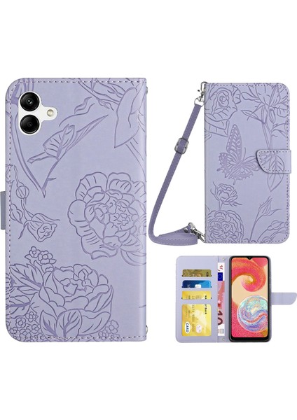 Samsung Galaxy A04E Için 4g HT03 Baskılı Kelebek Çiçekler Katlama Kapak Dokunuşu Pu Deri Cüzdan Omuz Kayışı ile Telefon Kılıfı (Yurt Dışından)