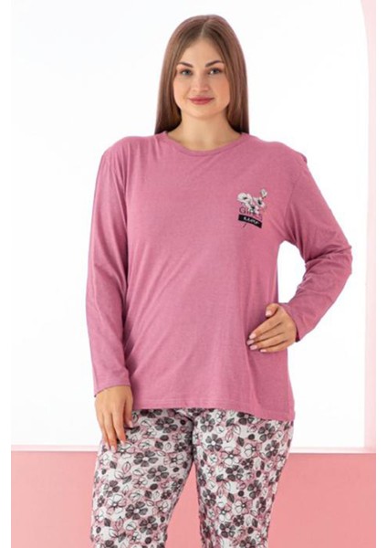 Kadın Büyük Beden Uzun Kollu Desenli Pijama Takımı