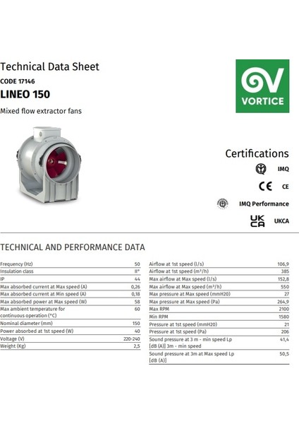 Lineo 150 Çift Kademeli Kanal Tipi Fan (385 m³/h - 1580 RPM) (550 m³/h - 2100 RPM)