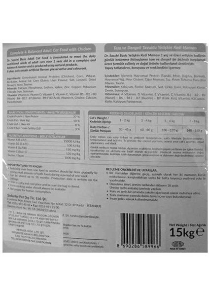 Basic Tavuklu Yetişkin Kedi Maması 15KG modelleri