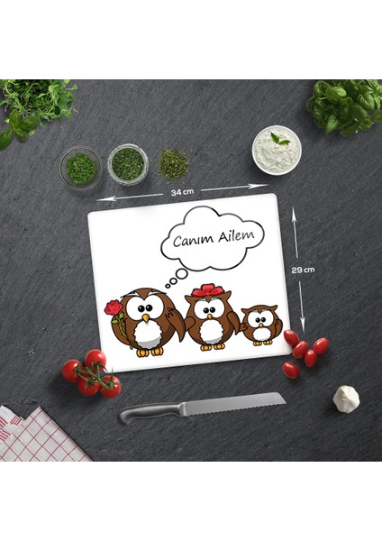 Sevimli Baykuş Ailesi | Cam Kesme Tahtası | 29CM x 34CM fiyatları
