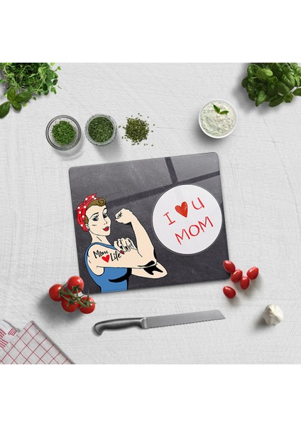 I Love U Mom | Karatahta Temalı | Cam Kesme Tahtası - Cam Kesme Tablası | 29CM x 34CM