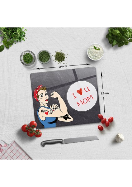 I Love U Mom | Karatahta Temalı | Cam Kesme Tahtası - Cam Kesme Tablası | 29CM x 34CM fiyatları