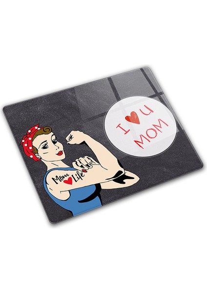 I Love U Mom | Karatahta Temalı | Cam Kesme Tahtası - Cam Kesme Tablası | 29CM x 34CM modelleri