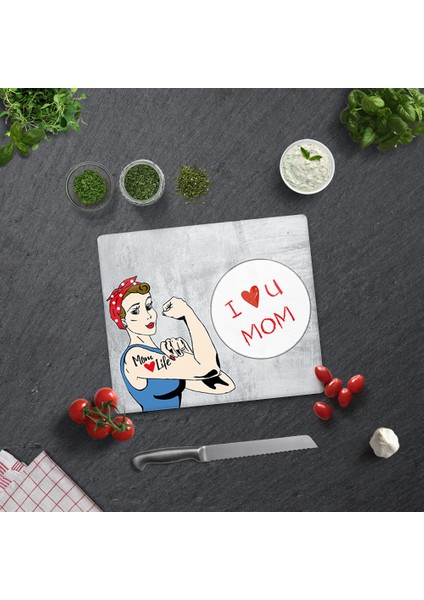 I Love U Mom | Gri Temalı | Cam Kesme Tahtası - Cam Kesme Tablası | 29CM x 34CM