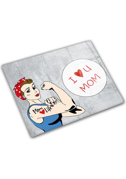 I Love U Mom | Gri Temalı | Cam Kesme Tahtası - Cam Kesme Tablası | 29CM x 34CM modelleri