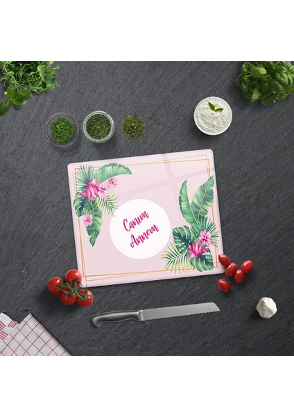 Canım Annem | Tropik Yapraklar Temalı | Cam Kesme Tahtası | 29CM x 34CM