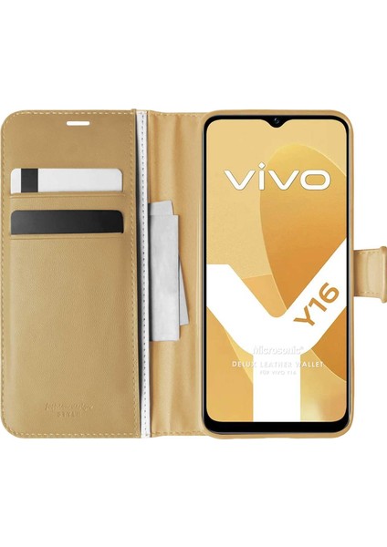 Vivo Y16 Kılıf Delux Leather Wallet Gold