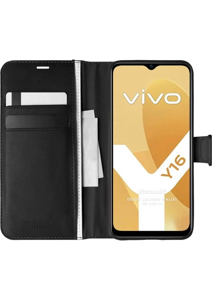 Vivo Y16 Kılıf Delux Leather Wallet Siyah