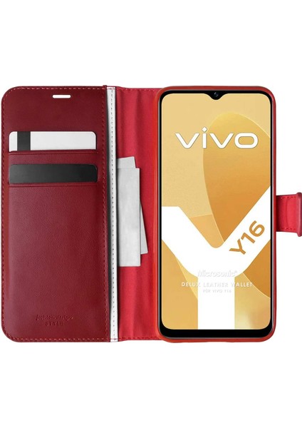 Vivo Y16 Kılıf Delux Leather Wallet Kırmızı