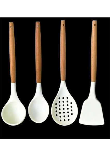 Silikon Bambu Saplı 4 Parça Mutfak Servis Seti Kremrengi (Kepçe-Kaşık-Kevgir-Spatula) Beyaz