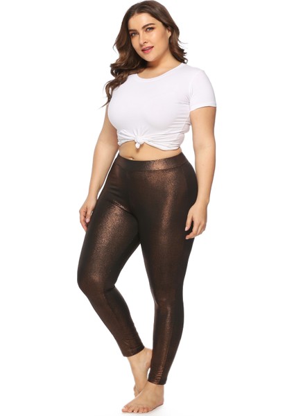 Kadın Büyük Beden Bronz Metalik Folyo Tayt (Yurt Dışından)