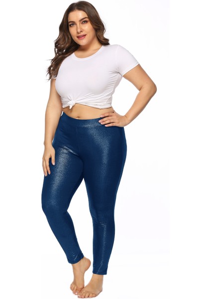 Kadın Büyük Beden Mavi Metalik Folyo Tayt (Yurt Dışından)
