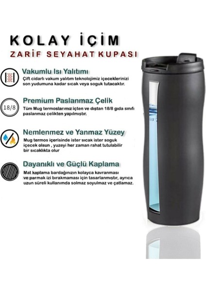 Çift Katmanlı Sızdırmaz Vakumlu 450ml Mat Siyah Paslanmaz Çelik Küçük Termos Bardak Araç Çay Kahve Termosu Thermos