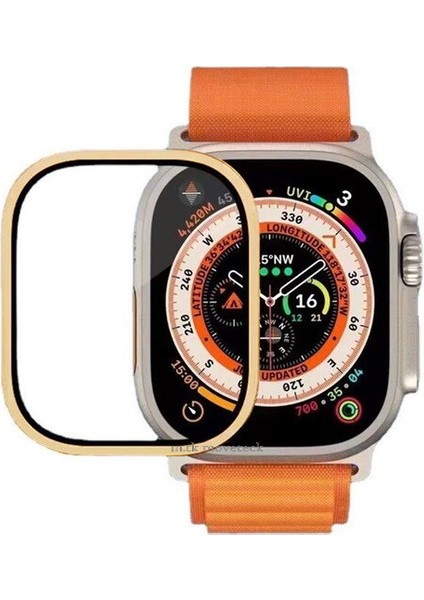 Apple Watch Ultra Ekran Koruyucu 49 mm Temperli Cam Filmi Tam Kapsamlı Iwatch Ultra Için Koruyucu Metalik Kasalı Ekran Koruyucu Cam Kapak