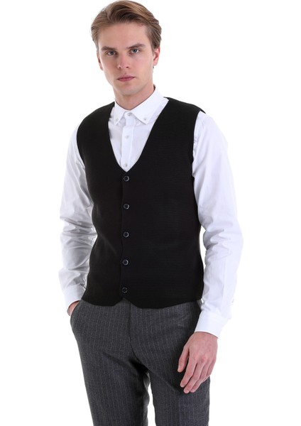 Siyah Regular Fit Düz Klasik Düğmeli Yün Triko Yelek