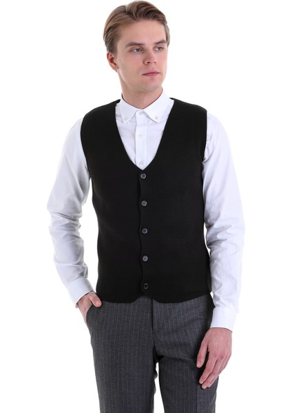 Siyah Regular Fit Düz Klasik Düğmeli Yün Triko Yelek fiyatları