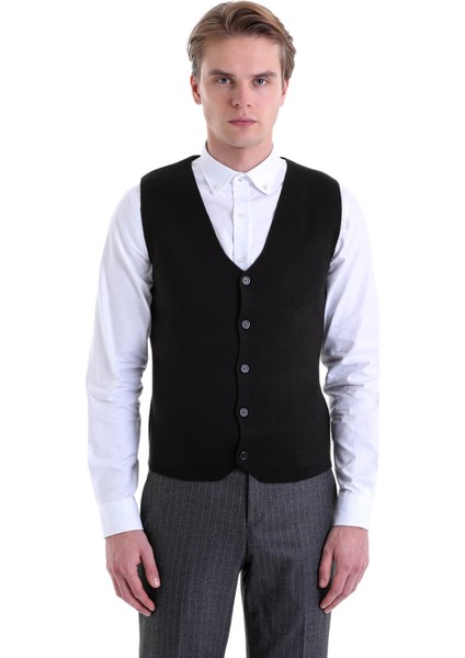 Siyah Regular Fit Düz Klasik Düğmeli Yün Triko Yelek modelleri