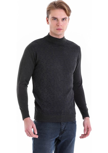 Antrasit Regular Fit Desenli Yarım Balıkçı Yaka Yün Triko Kazak