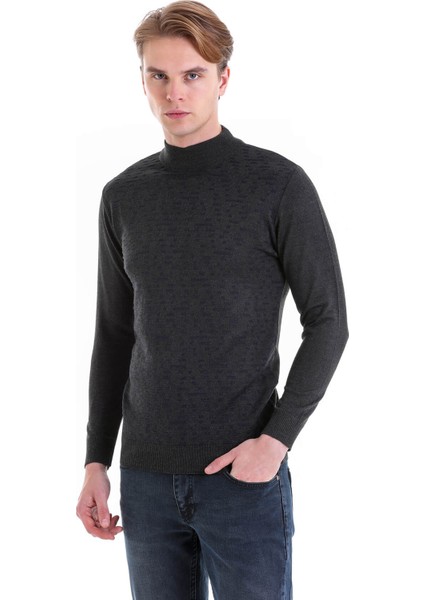 Antrasit Regular Fit Desenli Yarım Balıkçı Yaka Yün Triko Kazak fiyatları