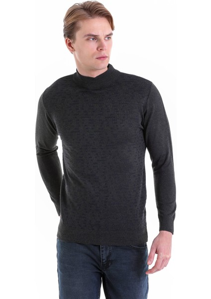 Antrasit Regular Fit Desenli Yarım Balıkçı Yaka Yün Triko Kazak modelleri