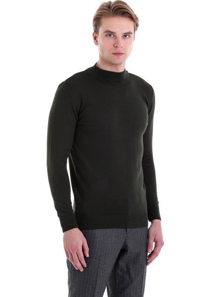 Haki Regular Fit Düz Yarım Balıkçı Yaka Yün Triko Kazak