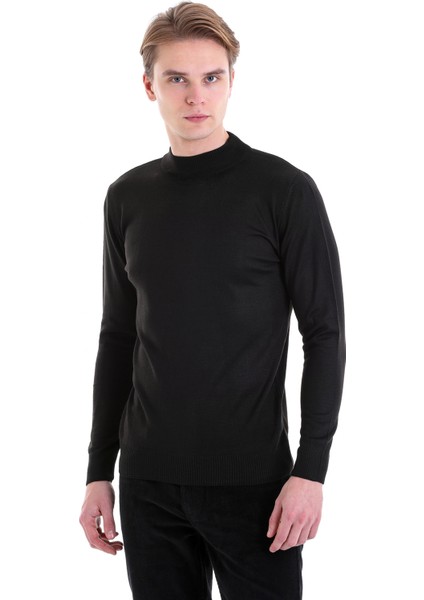 Siyah Regular Fit Düz Yarım Balıkçı Yaka Yün Triko Kazak
