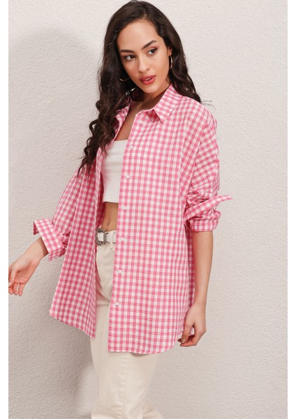 3900 Oversize Kareli Gömlek - Y.pembe