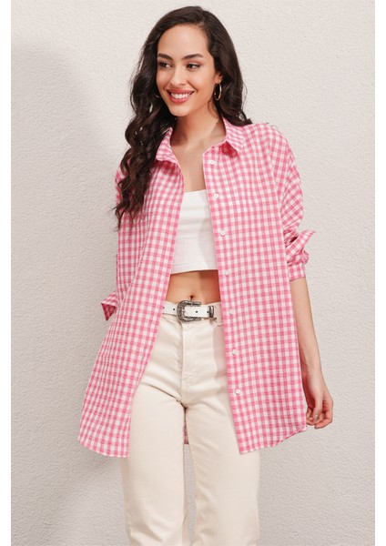 3900 Oversize Kareli Gömlek - Y.pembe