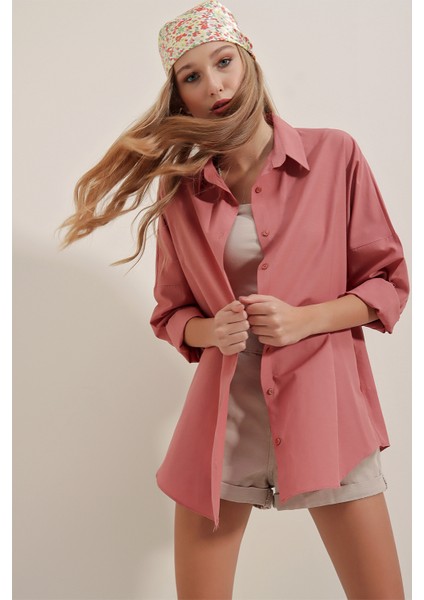 3900 Oversize Uzun Basic Gömlek - Gül Kurusu modelleri