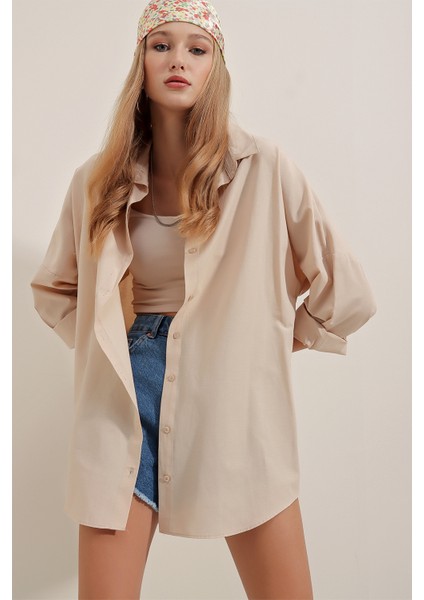 3900 Oversize Uzun Basic Gömlek - Krem