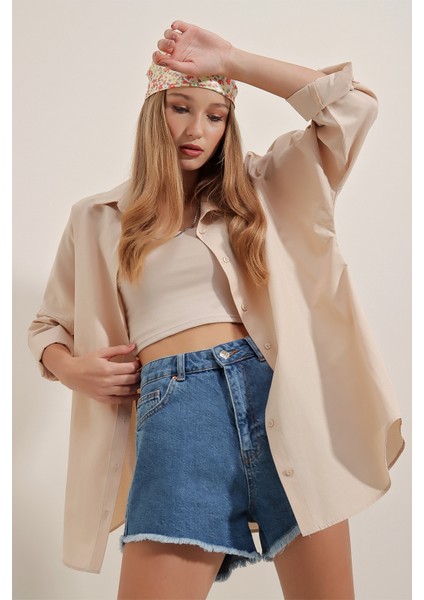 3900 Oversize Uzun Basic Gömlek - Krem indirimleri