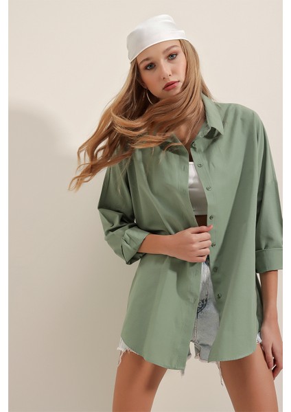 3900 Oversize Uzun Basic Gömlek - A.haki