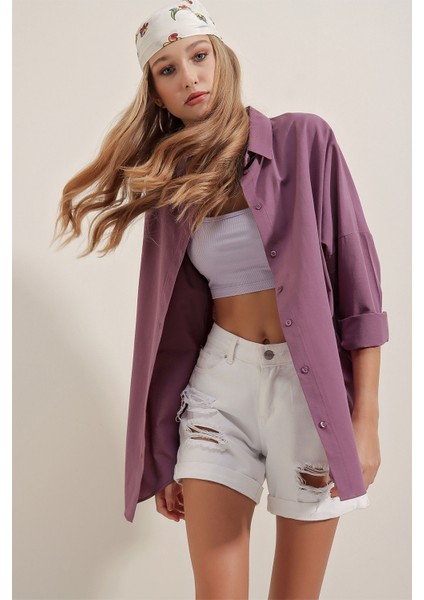 3900 Oversize Uzun Basic Gömlek - Koyu Lila