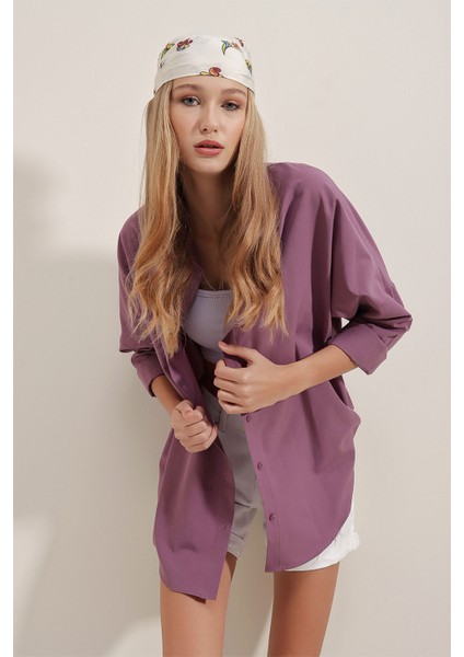 3900 Oversize Uzun Basic Gömlek - Koyu Lila